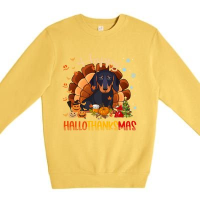 Happy Hallothanksmas Dachshund Halloween Thanksgiving Xmas Funny Gift Premium Crewneck Sweatshirt