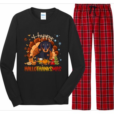 Happy Hallothanksmas Dachshund Halloween Thanksgiving Xmas Funny Gift Long Sleeve Pajama Set