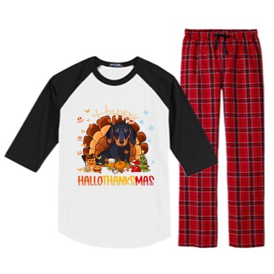 Happy Hallothanksmas Dachshund Halloween Thanksgiving Xmas Funny Gift Raglan Sleeve Pajama Set