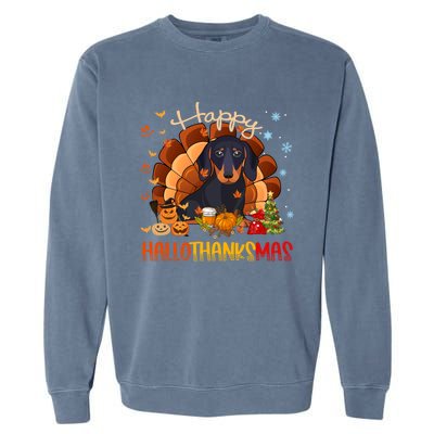 Happy Hallothanksmas Dachshund Halloween Thanksgiving Xmas Funny Gift Garment-Dyed Sweatshirt