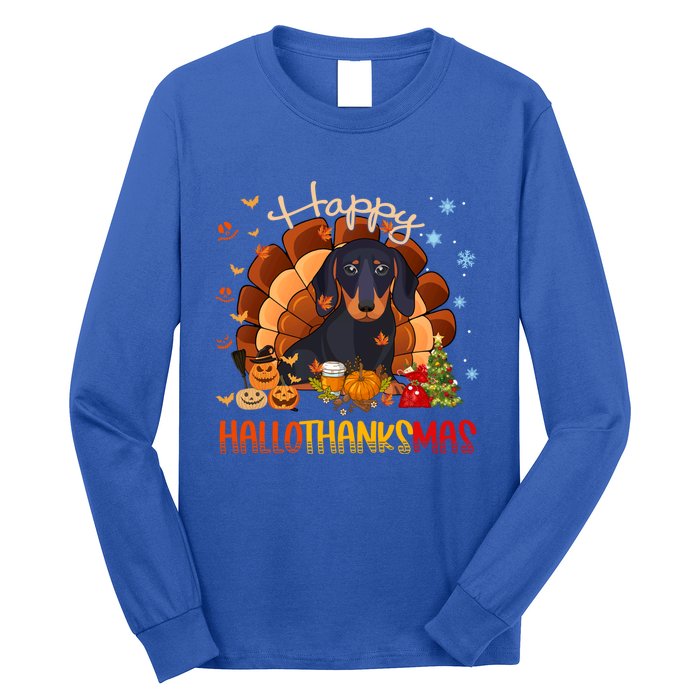 Happy Hallothanksmas Dachshund Halloween Thanksgiving Xmas Funny Gift Long Sleeve Shirt