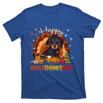 Happy Hallothanksmas Dachshund Halloween Thanksgiving Xmas Funny Gift T-Shirt