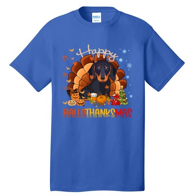 Happy Hallothanksmas Dachshund Halloween Thanksgiving Xmas Funny Gift Tall T-Shirt