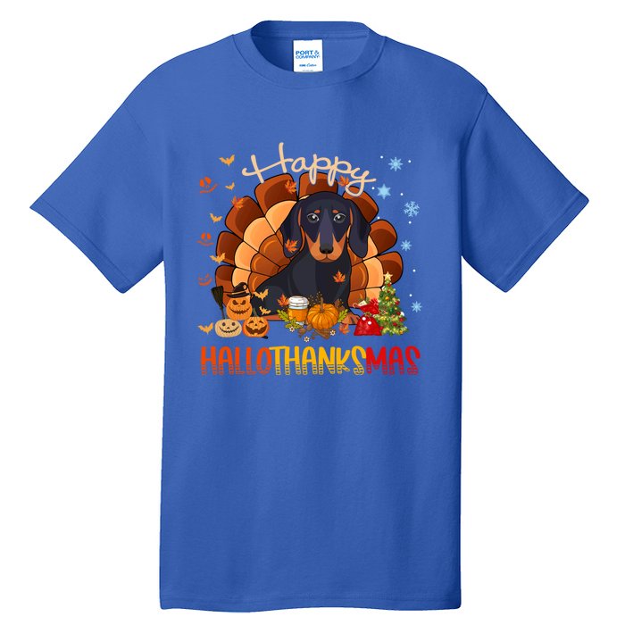 Happy Hallothanksmas Dachshund Halloween Thanksgiving Xmas Funny Gift Tall T-Shirt