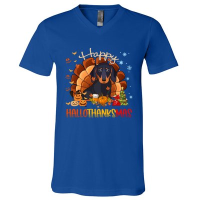 Happy Hallothanksmas Dachshund Halloween Thanksgiving Xmas Funny Gift V-Neck T-Shirt