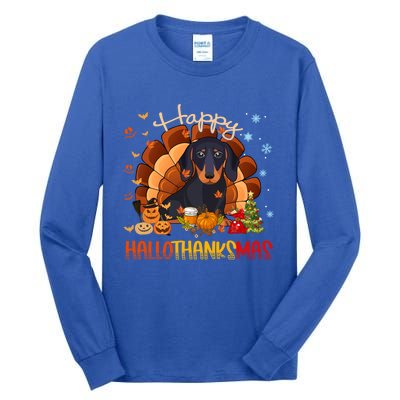 Happy Hallothanksmas Dachshund Halloween Thanksgiving Xmas Funny Gift Tall Long Sleeve T-Shirt