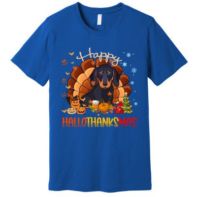 Happy Hallothanksmas Dachshund Halloween Thanksgiving Xmas Funny Gift Premium T-Shirt