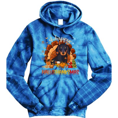 Happy Hallothanksmas Dachshund Halloween Thanksgiving Xmas Funny Gift Tie Dye Hoodie