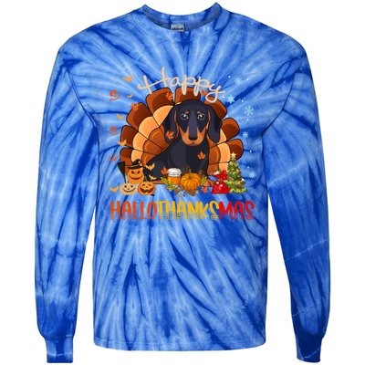 Happy Hallothanksmas Dachshund Halloween Thanksgiving Xmas Funny Gift Tie-Dye Long Sleeve Shirt