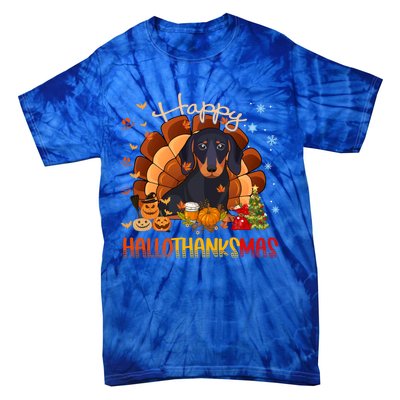 Happy Hallothanksmas Dachshund Halloween Thanksgiving Xmas Funny Gift Tie-Dye T-Shirt