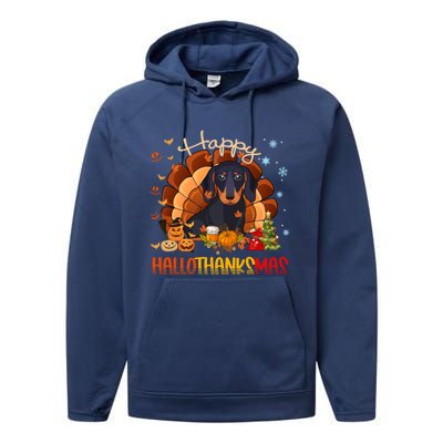 Happy Hallothanksmas Dachshund Halloween Thanksgiving Xmas Funny Gift Performance Fleece Hoodie