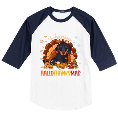 Happy Hallothanksmas Dachshund Halloween Thanksgiving Xmas Funny Gift Baseball Sleeve Shirt