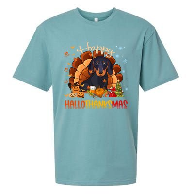 Happy Hallothanksmas Dachshund Halloween Thanksgiving Xmas Funny Gift Sueded Cloud Jersey T-Shirt