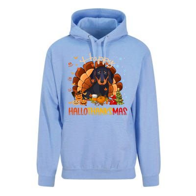 Happy Hallothanksmas Dachshund Halloween Thanksgiving Xmas Funny Gift Unisex Surf Hoodie