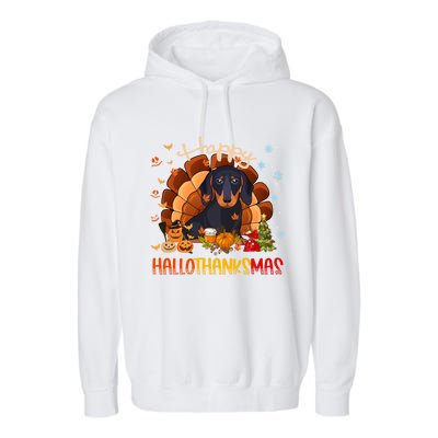 Happy Hallothanksmas Dachshund Halloween Thanksgiving Xmas Funny Gift Garment-Dyed Fleece Hoodie