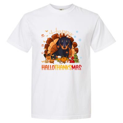 Happy Hallothanksmas Dachshund Halloween Thanksgiving Xmas Funny Gift Garment-Dyed Heavyweight T-Shirt