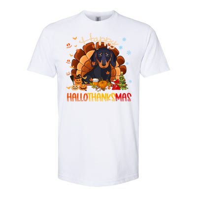 Happy Hallothanksmas Dachshund Halloween Thanksgiving Xmas Funny Gift Softstyle CVC T-Shirt