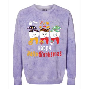 Happy Hallothanksmas Dental Halloween Thanksgiving Christmas Colorblast Crewneck Sweatshirt