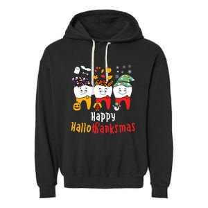 Happy Hallothanksmas Dental Halloween Thanksgiving Christmas Garment-Dyed Fleece Hoodie