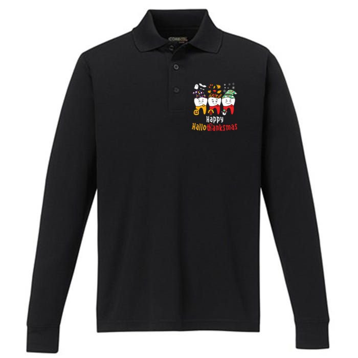 Happy Hallothanksmas Dental Halloween Thanksgiving Christmas Performance Long Sleeve Polo