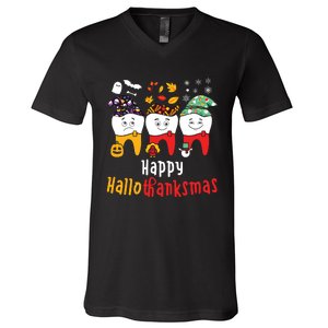 Happy Hallothanksmas Dental Halloween Thanksgiving Christmas V-Neck T-Shirt