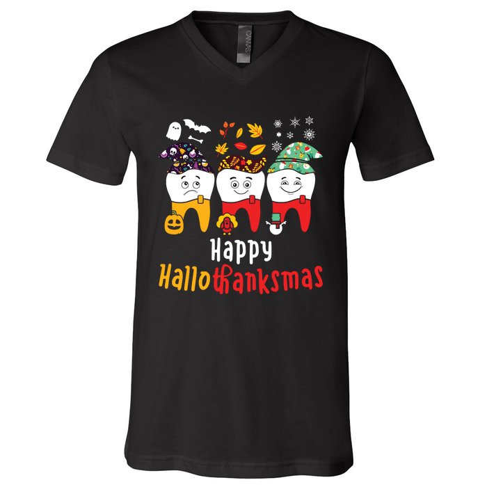 Happy Hallothanksmas Dental Halloween Thanksgiving Christmas V-Neck T-Shirt