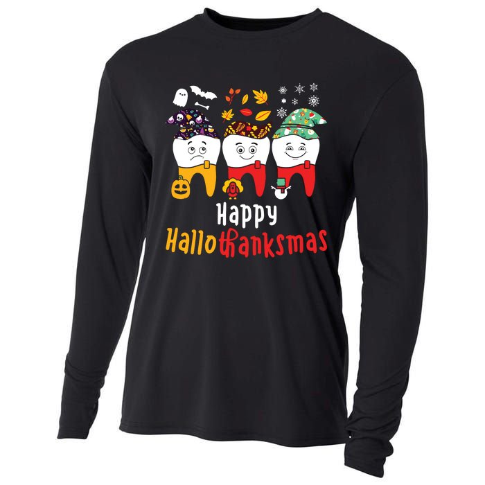 Happy Hallothanksmas Dental Halloween Thanksgiving Christmas Cooling Performance Long Sleeve Crew