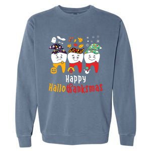 Happy Hallothanksmas Dental Halloween Thanksgiving Christmas Garment-Dyed Sweatshirt