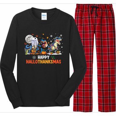 Happy Hallothanksmas Dinosaur Funny Hallothanksmas Party Long Sleeve Pajama Set