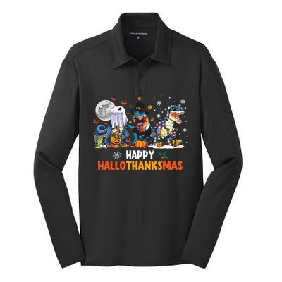 Happy Hallothanksmas Dinosaur Funny Hallothanksmas Party Silk Touch Performance Long Sleeve Polo