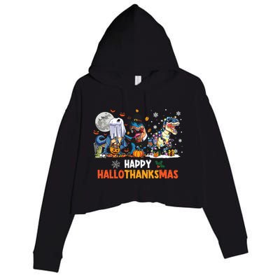 Happy Hallothanksmas Dinosaur Funny Hallothanksmas Party Crop Fleece Hoodie