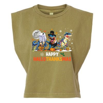 Happy Hallothanksmas Dinosaur Funny Hallothanksmas Party Garment-Dyed Women's Muscle Tee