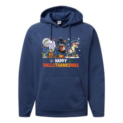 Happy Hallothanksmas Dinosaur Funny Hallothanksmas Party Performance Fleece Hoodie