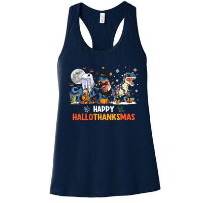 Happy Hallothanksmas Dinosaur Funny Hallothanksmas Party Women's Racerback Tank