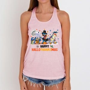 Happy Hallothanksmas Dinosaur Funny Hallothanksmas Party Women's Knotted Racerback Tank