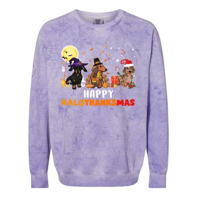 Happy Hallothanksmas Dachshund Dog Lover Halloween Christmas Great Gift Colorblast Crewneck Sweatshirt