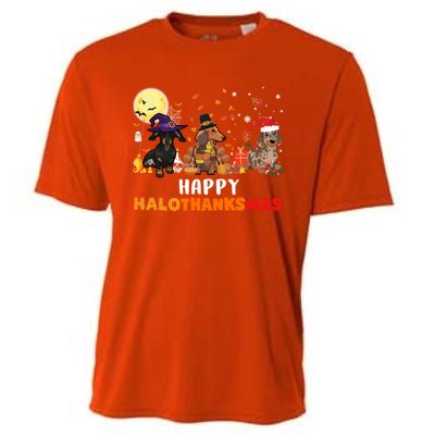 Happy Hallothanksmas Dachshund Dog Lover Halloween Christmas Great Gift Cooling Performance Crew T-Shirt