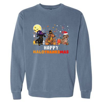 Happy Hallothanksmas Dachshund Dog Lover Halloween Christmas Great Gift Garment-Dyed Sweatshirt