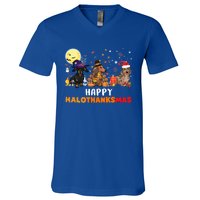 Happy Hallothanksmas Dachshund Dog Lover Halloween Christmas Great Gift V-Neck T-Shirt