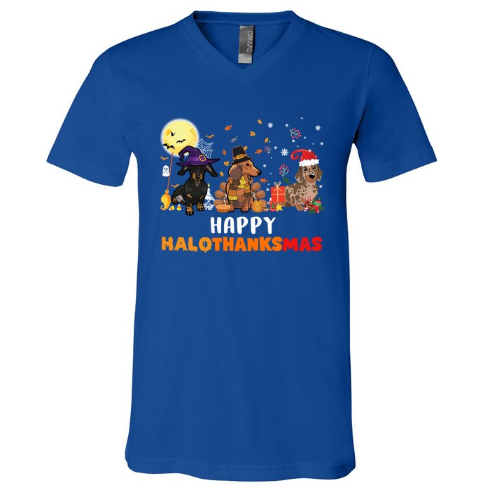 Happy Hallothanksmas Dachshund Dog Lover Halloween Christmas Great Gift V-Neck T-Shirt