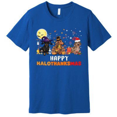 Happy Hallothanksmas Dachshund Dog Lover Halloween Christmas Great Gift Premium T-Shirt