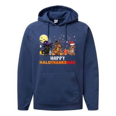 Happy Hallothanksmas Dachshund Dog Lover Halloween Christmas Great Gift Performance Fleece Hoodie