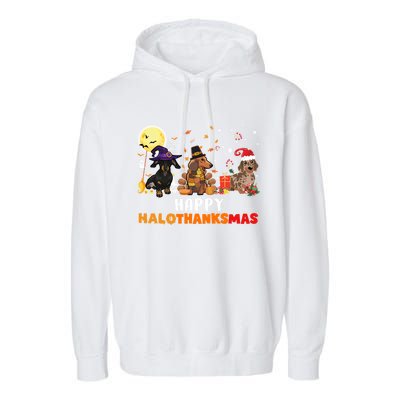 Happy Hallothanksmas Dachshund Dog Lover Halloween Christmas Great Gift Garment-Dyed Fleece Hoodie