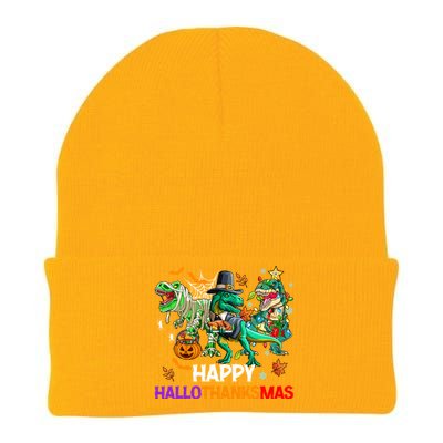 Happy Hallothanksmas Dinosaur Halloween Thanksgiving Xmas Gift Knit Cap Winter Beanie