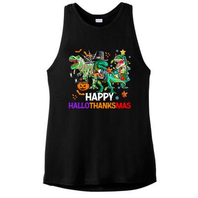 Happy Hallothanksmas Dinosaur Halloween Thanksgiving Xmas Gift Ladies PosiCharge Tri-Blend Wicking Tank