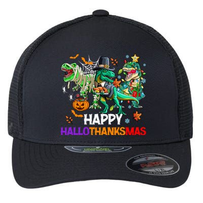 Happy Hallothanksmas Dinosaur Halloween Thanksgiving Xmas Gift Flexfit Unipanel Trucker Cap