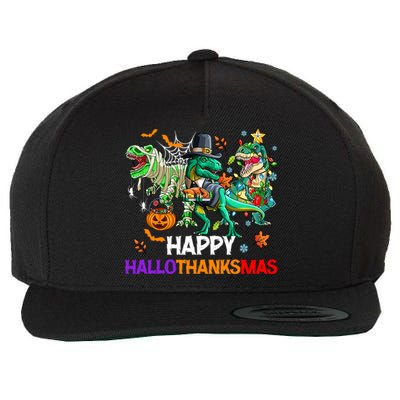 Happy Hallothanksmas Dinosaur Halloween Thanksgiving Xmas Gift Wool Snapback Cap