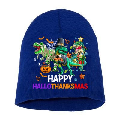 Happy Hallothanksmas Dinosaur Halloween Thanksgiving Xmas Gift Short Acrylic Beanie