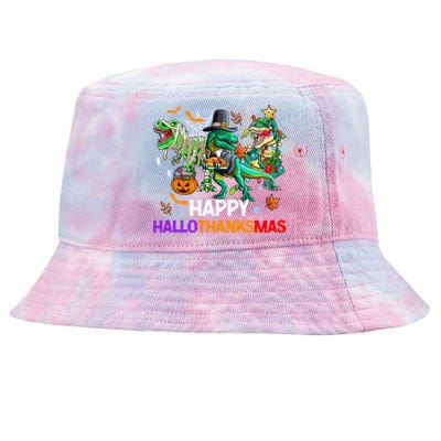 Happy Hallothanksmas Dinosaur Halloween Thanksgiving Xmas Gift Tie-Dyed Bucket Hat