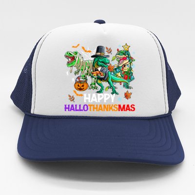 Happy Hallothanksmas Dinosaur Halloween Thanksgiving Xmas Gift Trucker Hat